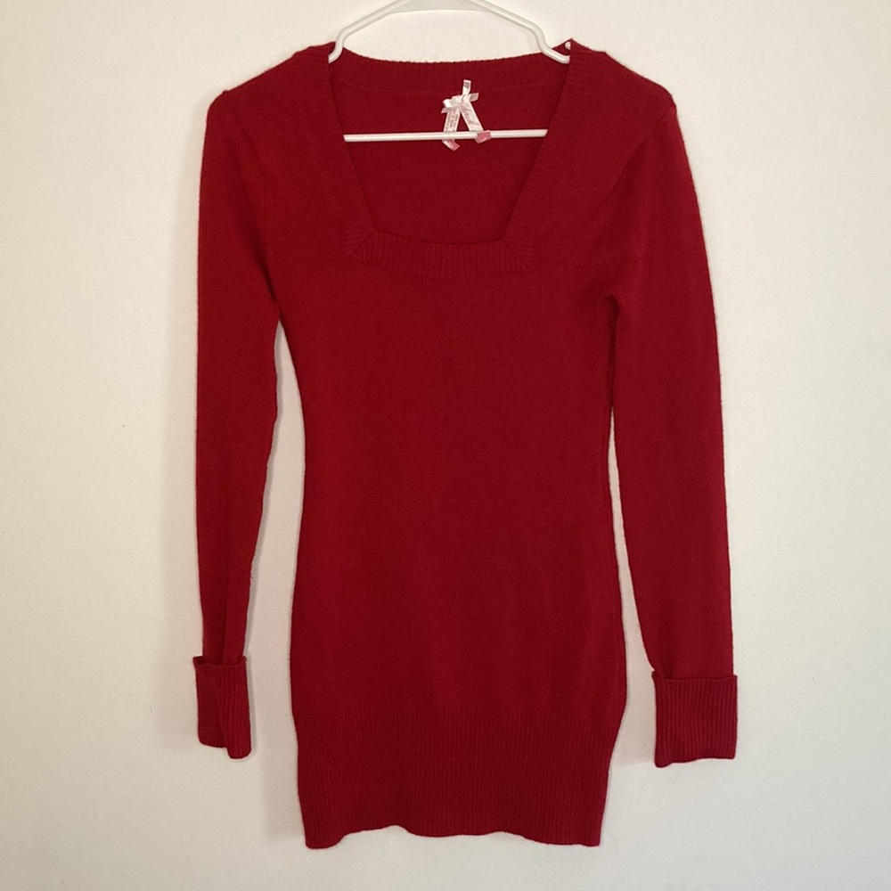 Vintage Y2K 2002s Red Long Sleeve Square Neck Ribbed Mini Dress Sweater